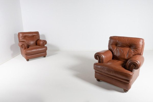 Brown Leather Club Armchairs, Italy, 1970s, Set of 2-KMC-1386499