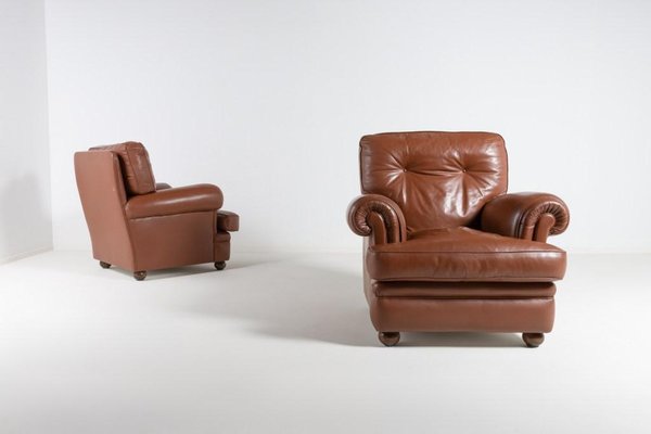 Brown Leather Club Armchairs, Italy, 1970s, Set of 2-KMC-1386499