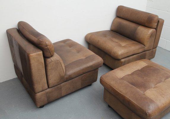 Brown Leather Patchwork Lounge Chairs and Stool, 1970s, Set of 3-PF-731604