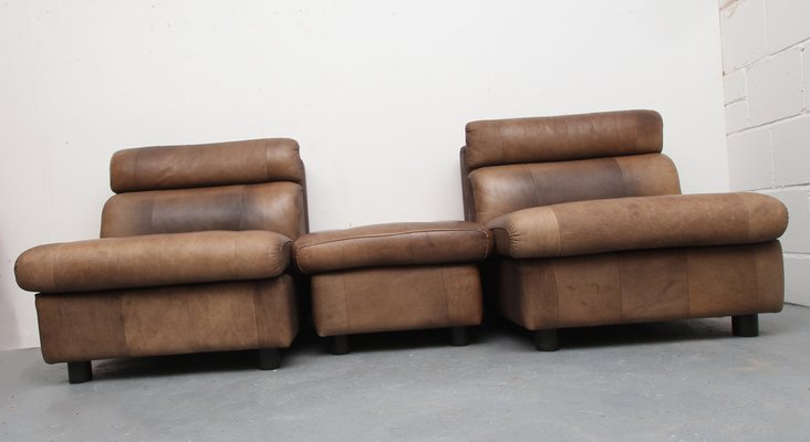 Brown Leather Patchwork Lounge Chairs and Stool, 1970s, Set of 3-PF-731604