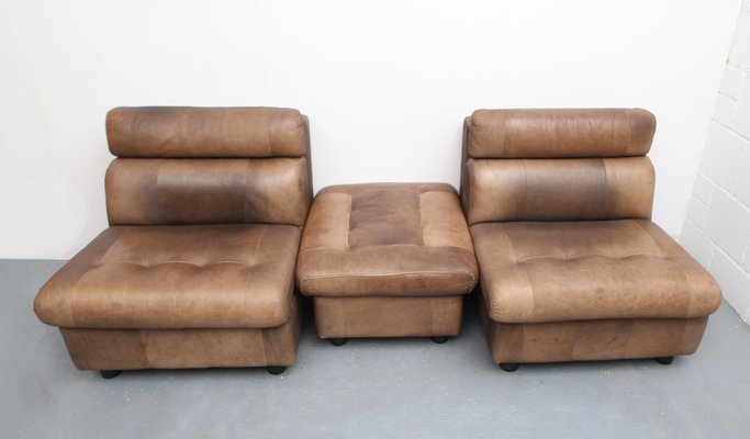 Brown Leather Patchwork Lounge Chairs and Stool, 1970s, Set of 3-PF-731604