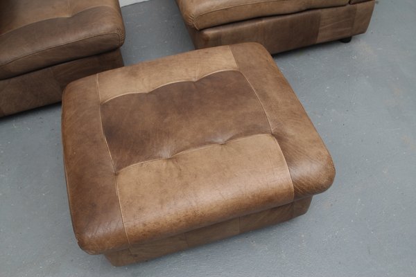 Brown Leather Patchwork Lounge Chairs and Stool, 1970s, Set of 3-PF-731604