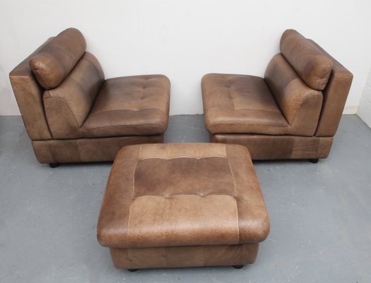 Brown Leather Patchwork Lounge Chairs and Stool, 1970s, Set of 3-PF-731604