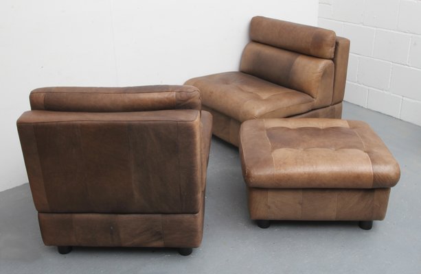 Brown Leather Patchwork Lounge Chairs and Stool, 1970s, Set of 3-PF-731604