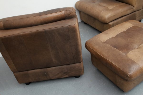 Brown Leather Patchwork Lounge Chairs and Stool, 1970s, Set of 3-PF-731604