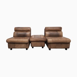 Brown Leather Patchwork Lounge Chairs and Stool, 1970s, Set of 3-PF-731604