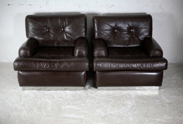 Brown Leather & Stainless Steel Armchairs, France, 1970, Set of 2-MAO-1161199