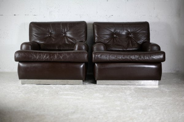 Brown Leather & Stainless Steel Armchairs, France, 1970, Set of 2-MAO-1161199