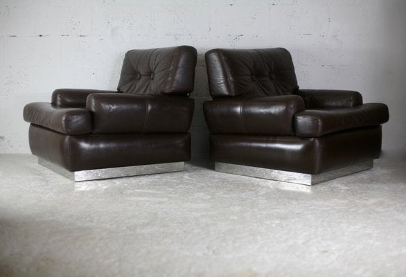 Brown Leather & Stainless Steel Armchairs, France, 1970, Set of 2-MAO-1161199