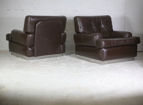 Brown Leather & Stainless Steel Armchairs, France, 1970, Set of 2-MAO-1161199