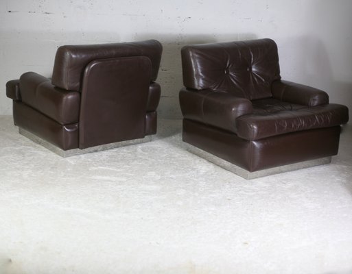 Brown Leather & Stainless Steel Armchairs, France, 1970, Set of 2-MAO-1161199