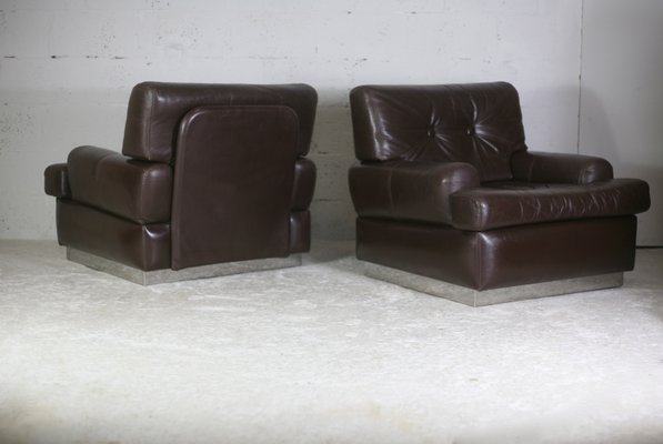 Brown Leather & Stainless Steel Armchairs, France, 1970, Set of 2-MAO-1161199