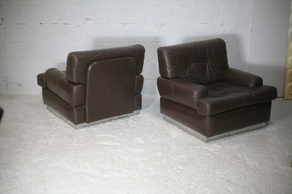 Brown Leather & Stainless Steel Armchairs, France, 1970, Set of 2-MAO-1161199