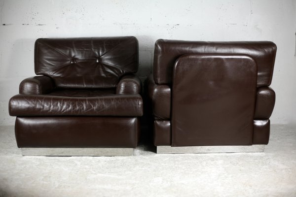 Brown Leather & Stainless Steel Armchairs, France, 1970, Set of 2-MAO-1161199