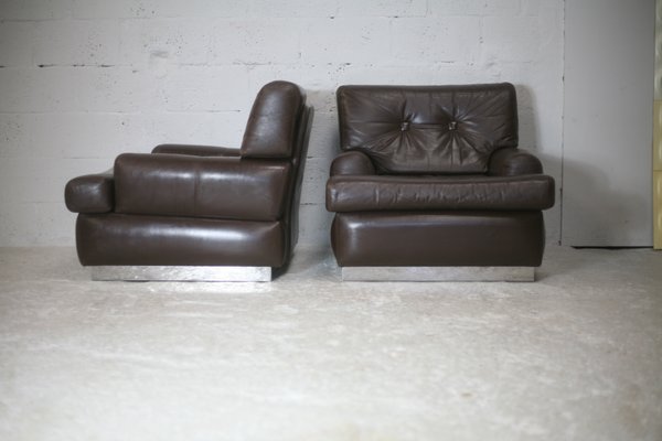 Brown Leather & Stainless Steel Armchairs, France, 1970, Set of 2-MAO-1161199