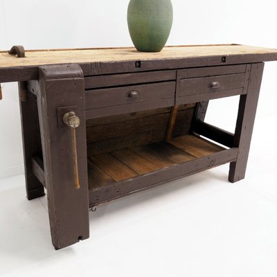 Brown Painted Workbench with Shelf and Drawers-SV-1155126