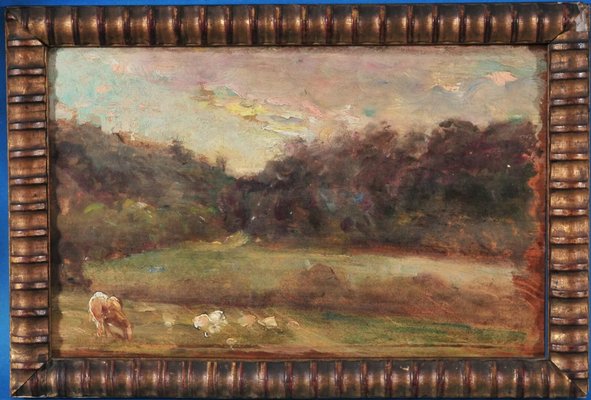 Bruck Lajos, Landscape of Feeding Cows in a Field, 1800s, Oil Painting, Framed-QOR-2024688