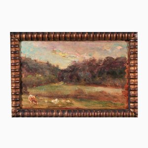 Bruck Lajos, Landscape of Feeding Cows in a Field, 1800s, Oil Painting, Framed-QOR-2024688