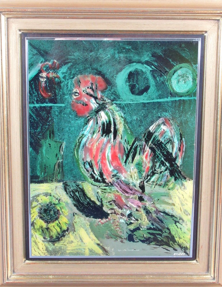 Bruno Cassinari, Il Gallo, Silkscreen on 800 Silver Plate, 1978, Framed