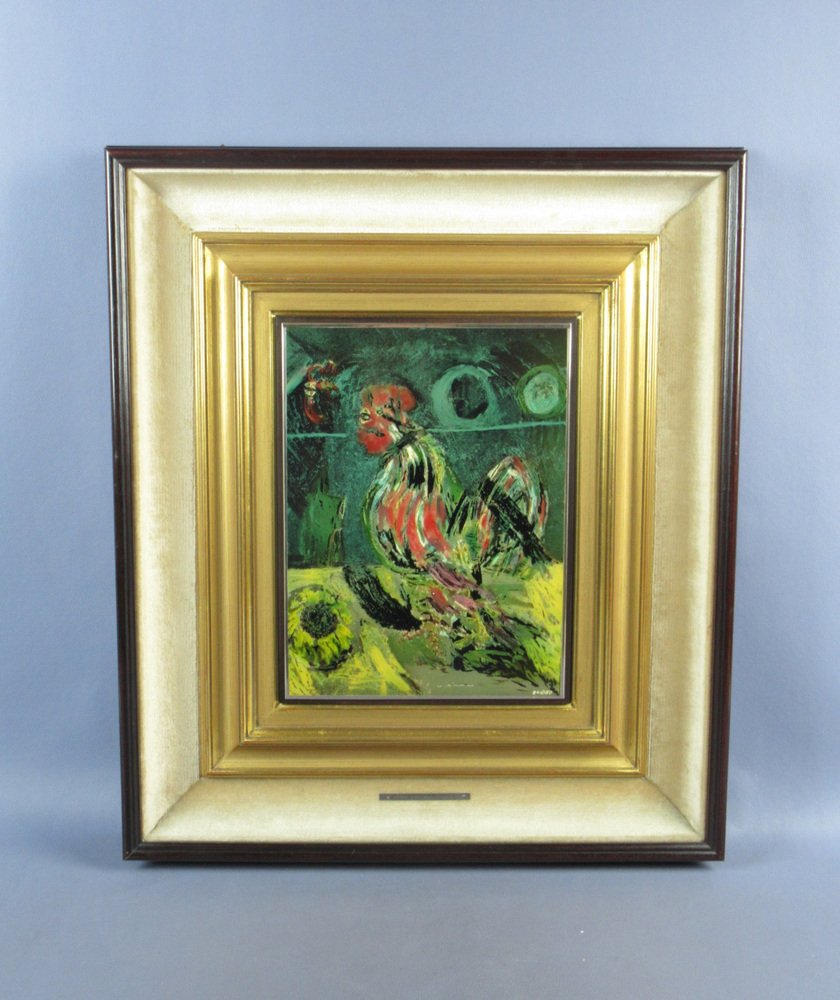 Bruno Cassinari, Il Gallo, Silkscreen on 800 Silver Plate, 1978, Framed