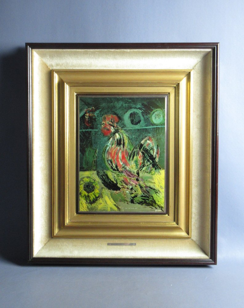 Bruno Cassinari, Il Gallo, Silkscreen on 800 Silver Plate, 1978, Framed