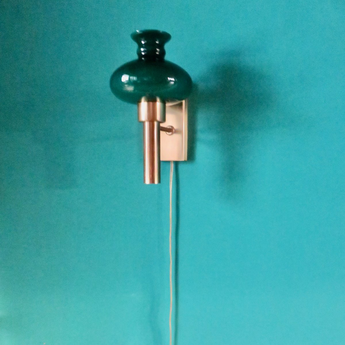 Brushed Brass Wall Lamp with Vitrika Green Glass Shade, 1980