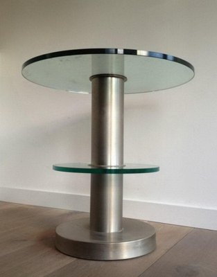 Brushed Metal and Glass Round Occasional Table, 1960s-BA-658616