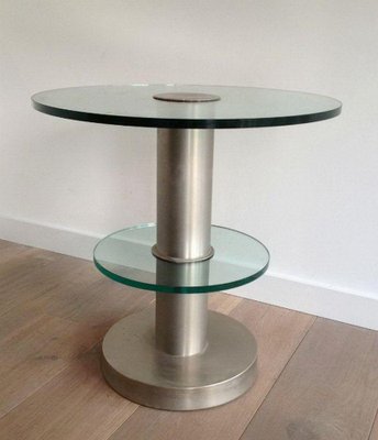 Brushed Metal & Glass Pedestal Table, 1960s-BA-1365696