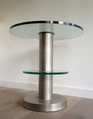 Brushed Metal & Glass Pedestal Table, 1960s-BA-1365696