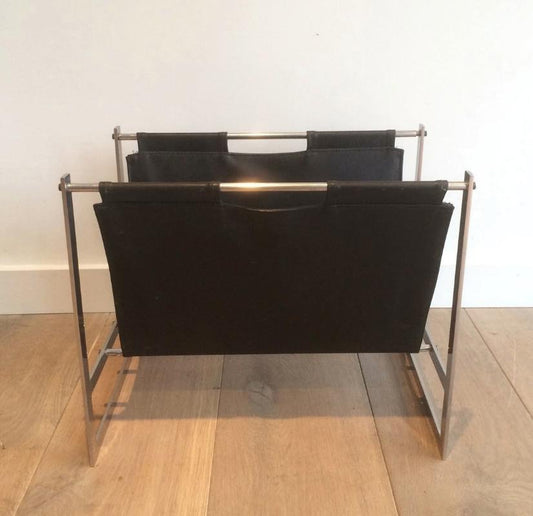 Brushed Steel and Leather Magazine Rack, Denmark, 1970s