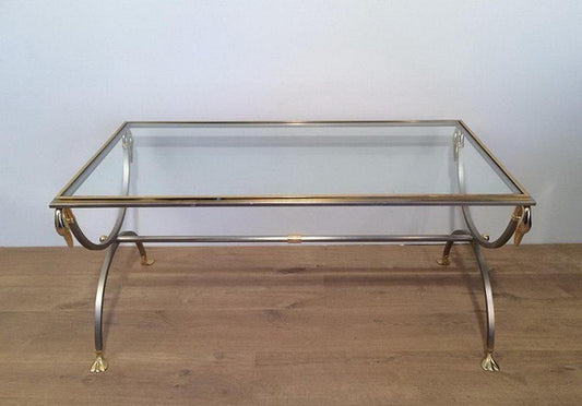 Brushed Steel & Brass Coffee Table with Swan Heads & Feet from Maison Jansen, 1970s