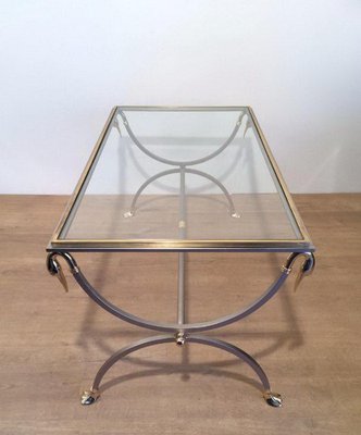 Brushed Steel & Brass Coffee Table with Swan Heads & Feet from Maison Jansen, 1970s-BA-766255