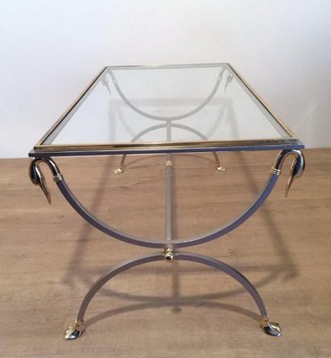 Brushed Steel & Brass Coffee Table with Swan Heads & Feet from Maison Jansen, 1970s-BA-766255