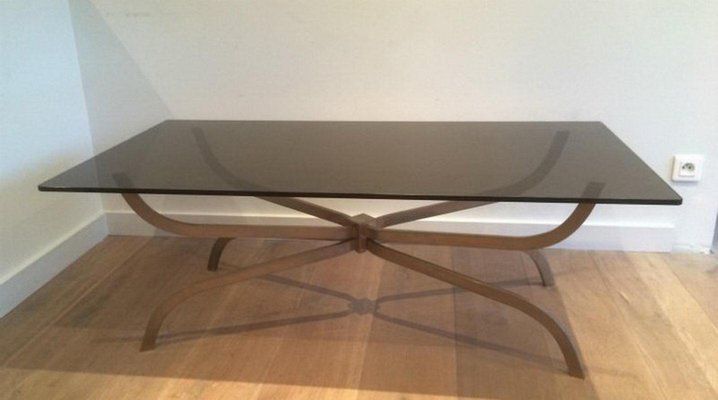 Brushed Steel Coffee Table with Smoked Glass Top from Maison Charles, 1960s-BA-658615