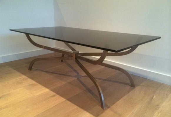 Brushed Steel Coffee Table with Smoked Glass Top from Maison Charles, 1960s-BA-658615