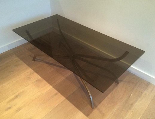 Brushed Steel Coffee Table with Smoked Glass Top from Maison Charles, 1960s-BA-658615