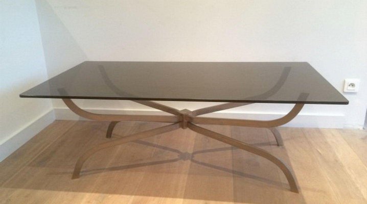 Brushed Steel & Smoked Glass Coffee Table from Maison Charles, 1960s-BA-1365693