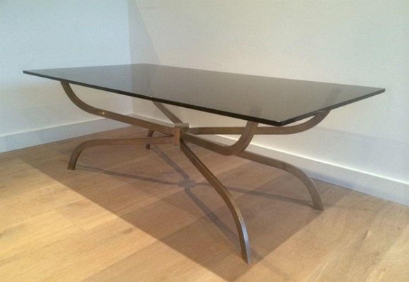 Brushed Steel & Smoked Glass Coffee Table from Maison Charles, 1960s-BA-1365693