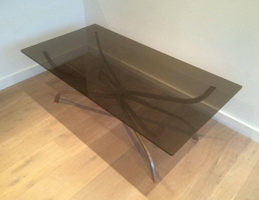 Brushed Steel & Smoked Glass Coffee Table from Maison Charles, 1960s-BA-1365693