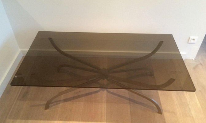 Brushed Steel & Smoked Glass Coffee Table from Maison Charles, 1960s-BA-1365693