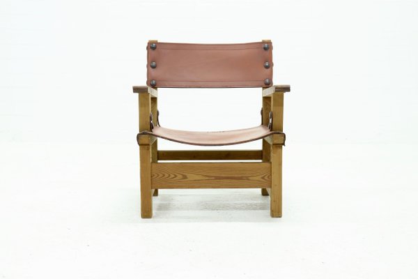 Brutalist Armchair in Pine and Cognac Leather, 1960s-VV-1063577