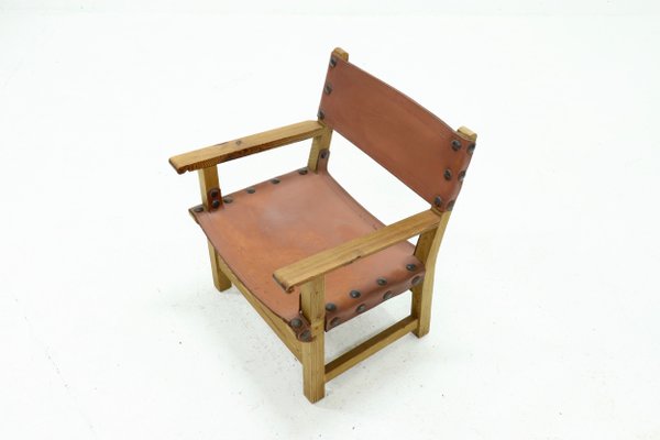 Brutalist Armchair in Pine and Cognac Leather, 1960s-VV-1063577