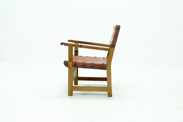 Brutalist Armchair in Pine and Cognac Leather, 1960s-VV-1063577