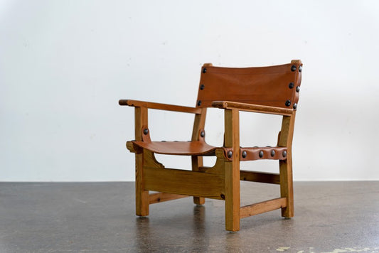 Brutalist Armchair in Pine Wood and Cognac Saddle Leather, 1960s