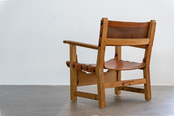 Brutalist Armchair in Pine Wood and Cognac Saddle Leather, 1960s-AO-1795627