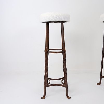 Brutalist Bar Stools in Faux Sheepskin and Iron, 1960s, Set of 2-NYF-2019019