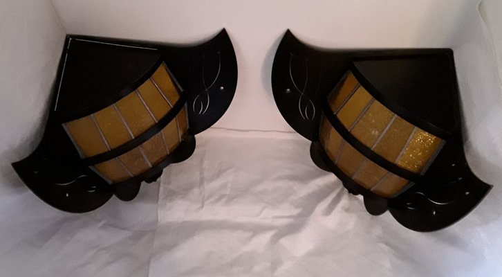 Brutalist Black Bat-Shaped Wall Lamps in Steel, 1980s, Set of 2-HOI-1292105