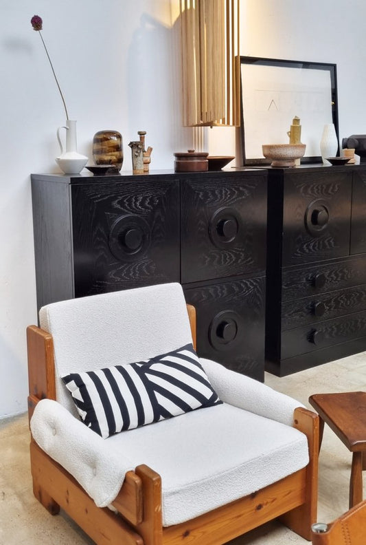 Brutalist Black Cabinet with Three Graphic Patterned Doors, Belgium, 1970s