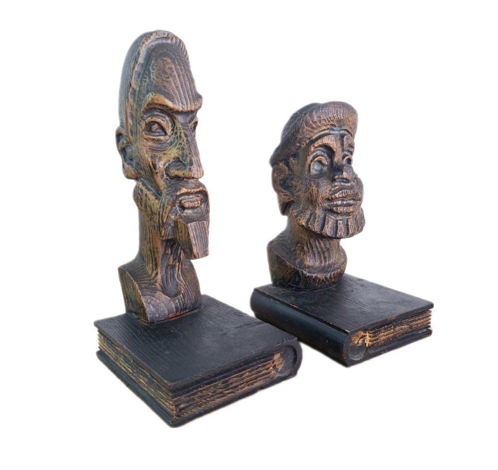 Brutalist Bookends in Carved Wood by Don Quixote & Sancho, 1970s, Set of 2