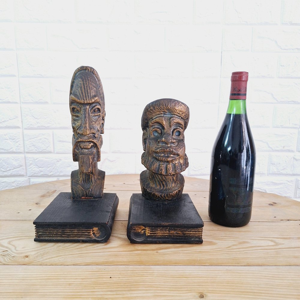 Brutalist Bookends in Carved Wood by Don Quixote & Sancho, 1970s, Set of 2